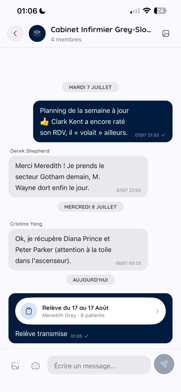 Écran de messagerie de cabinet : conversation d'équipe et relève partagée