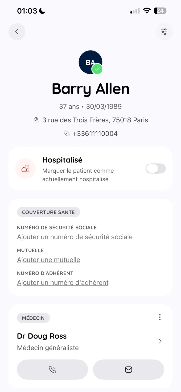 Écran de fiche patient : identité, couverture santé et médecin traitant