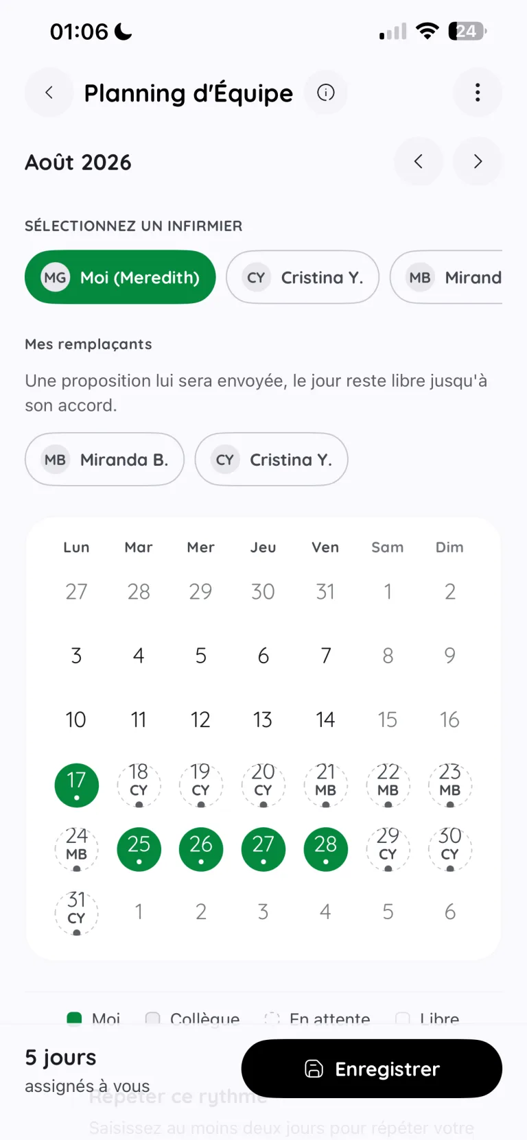 Écran de planning d'équipe : répartition des jours du mois entre titulaires et remplaçants
