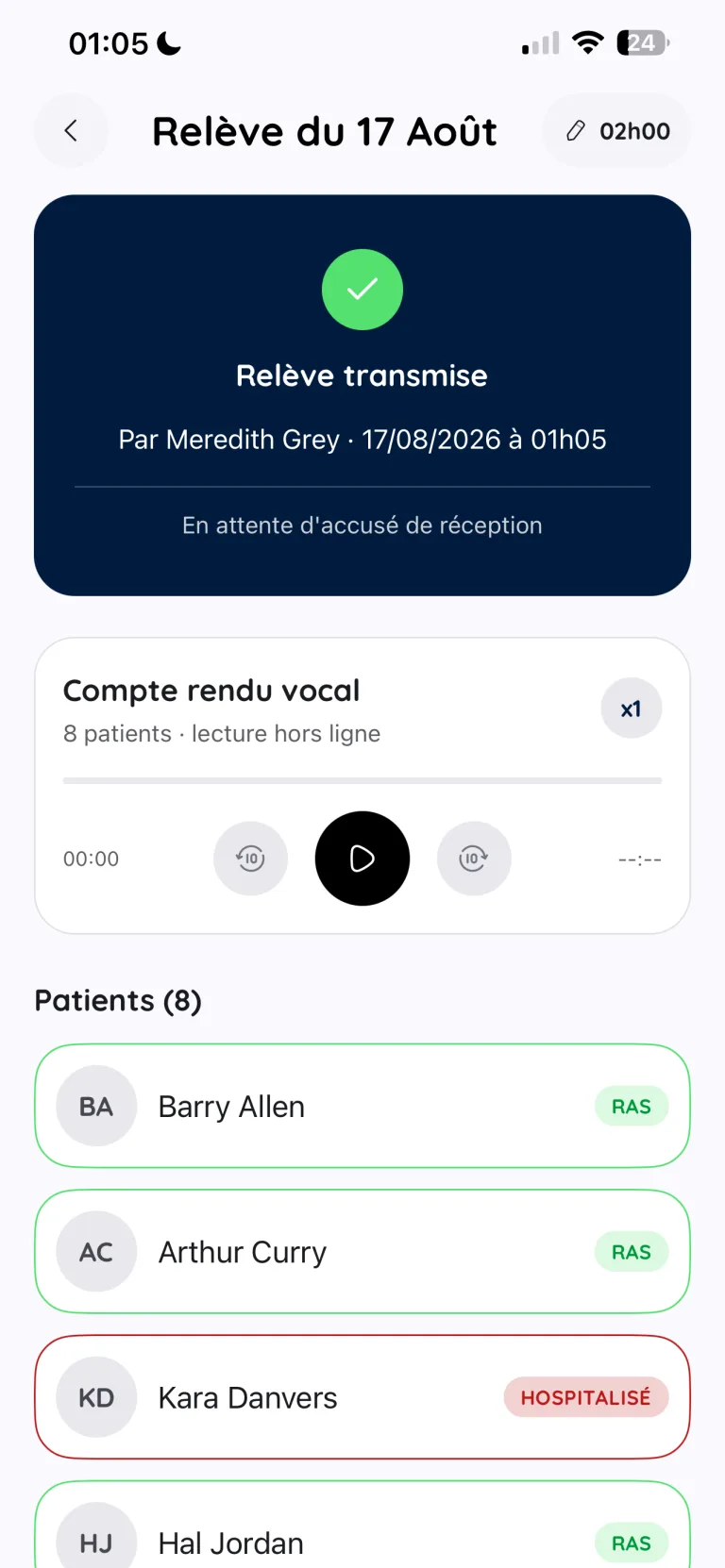 Écran de relève : relève transmise, compte rendu vocal et liste des patients de la tournée