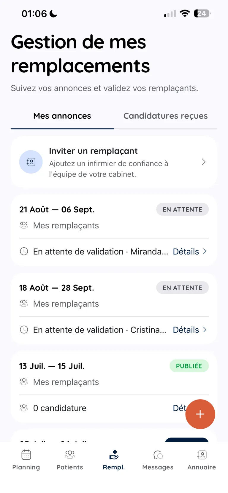 Écran de gestion des remplacements : annonces publiées et candidatures reçues